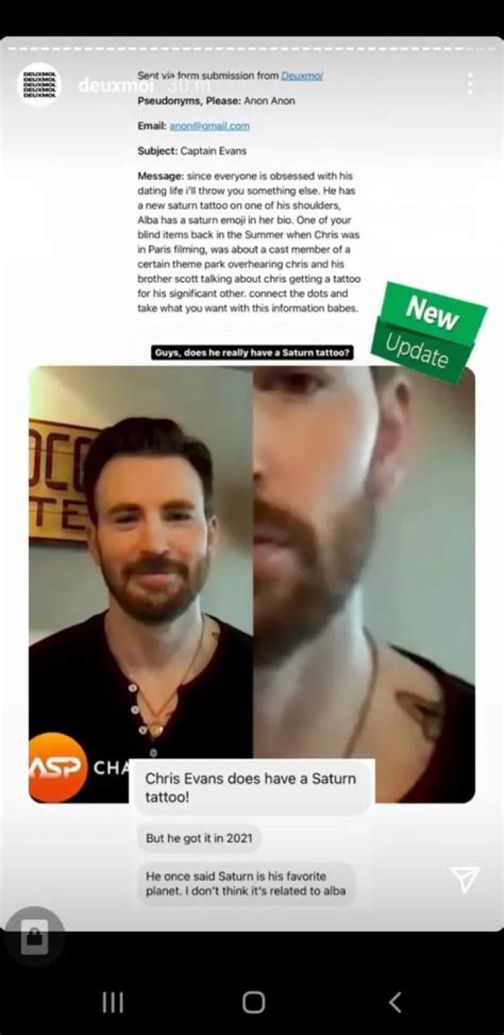 How Chris Evans’ Saturn Tattoo Ties with Rumored Girlfriend Alba Baptista